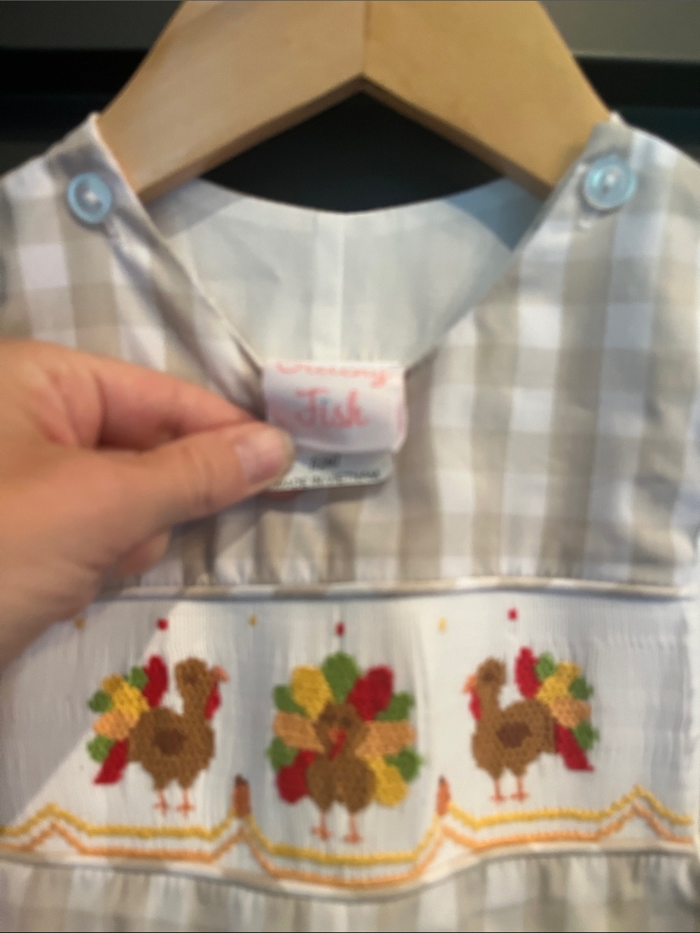 Stitchy Fish Beige Gingham Smocked One Peice with Embroidered Turkey Detail 12m - Picture 6 of 8